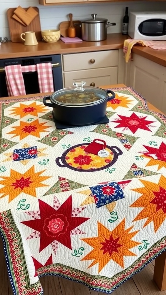 Casserole Dish Quilt Pattern A colorful casserole dish quilt displayed on a wooden table with a casserole dish on top.